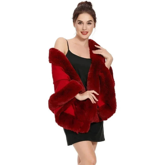 Zlyc Women Winter Faux Fur Shawl Stole Warm Wrap Cape - Red - Picture 4 of 7